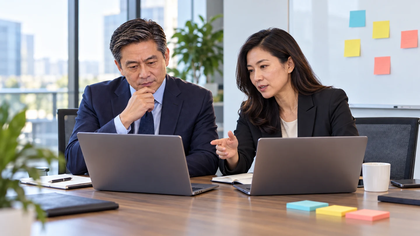 Sam and an IT leader reviewing company information access