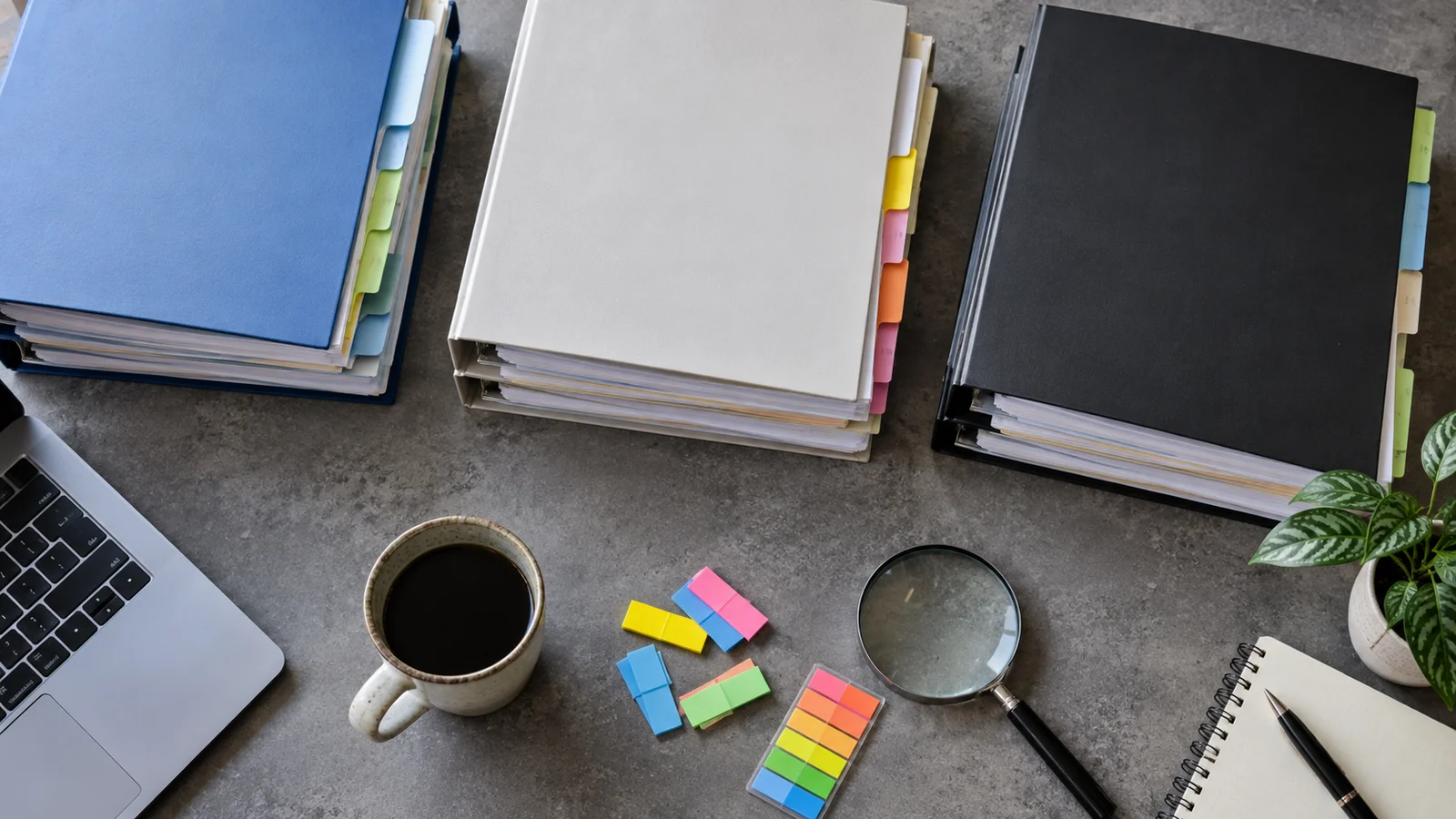 Source binders and colored flags arranged for document preparation