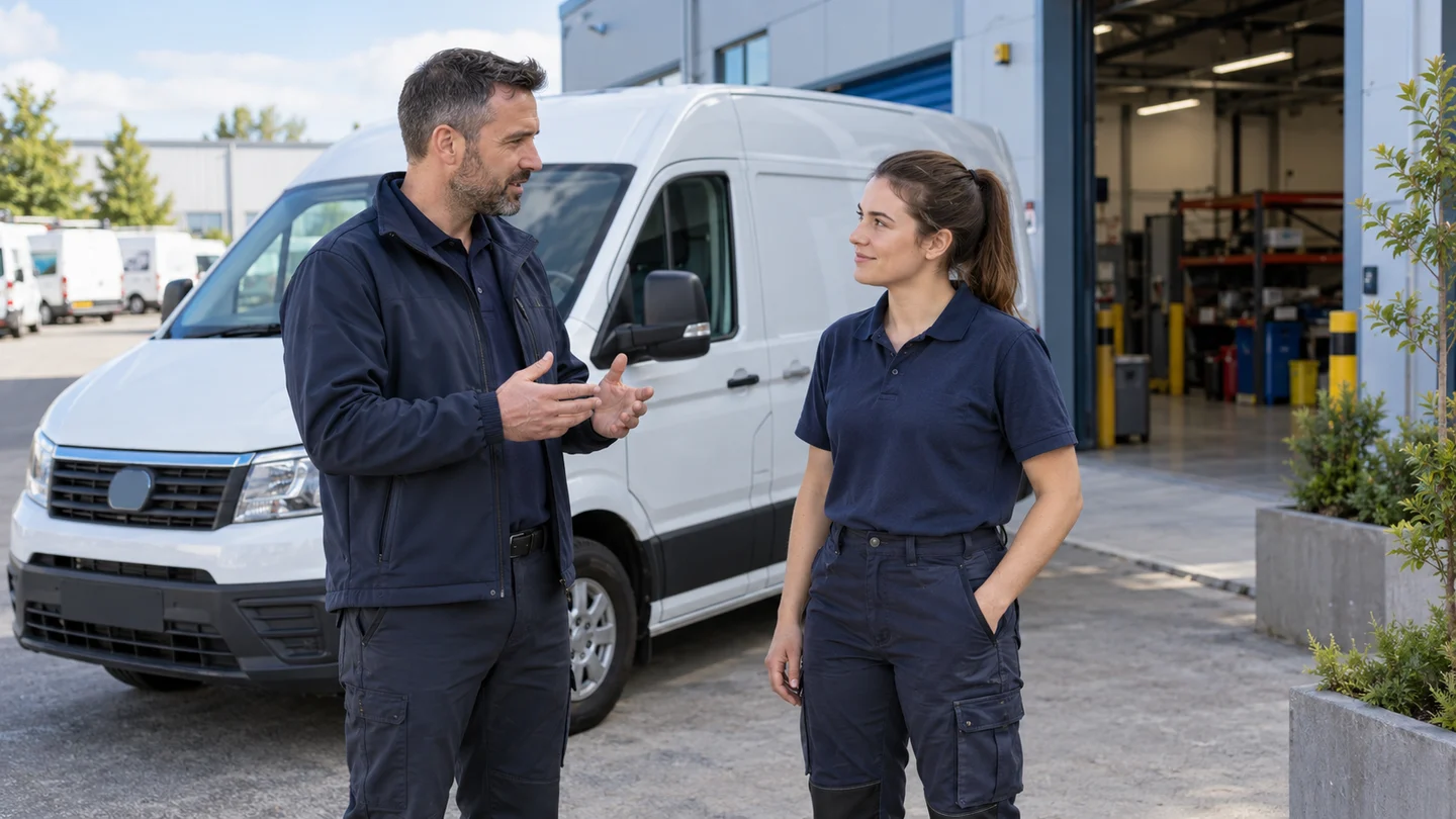 Field supervisor and technician discussing preparation beside a parked service van