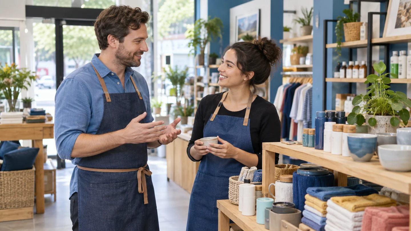 Retail colleagues discussing store work beside an orderly merchandise display