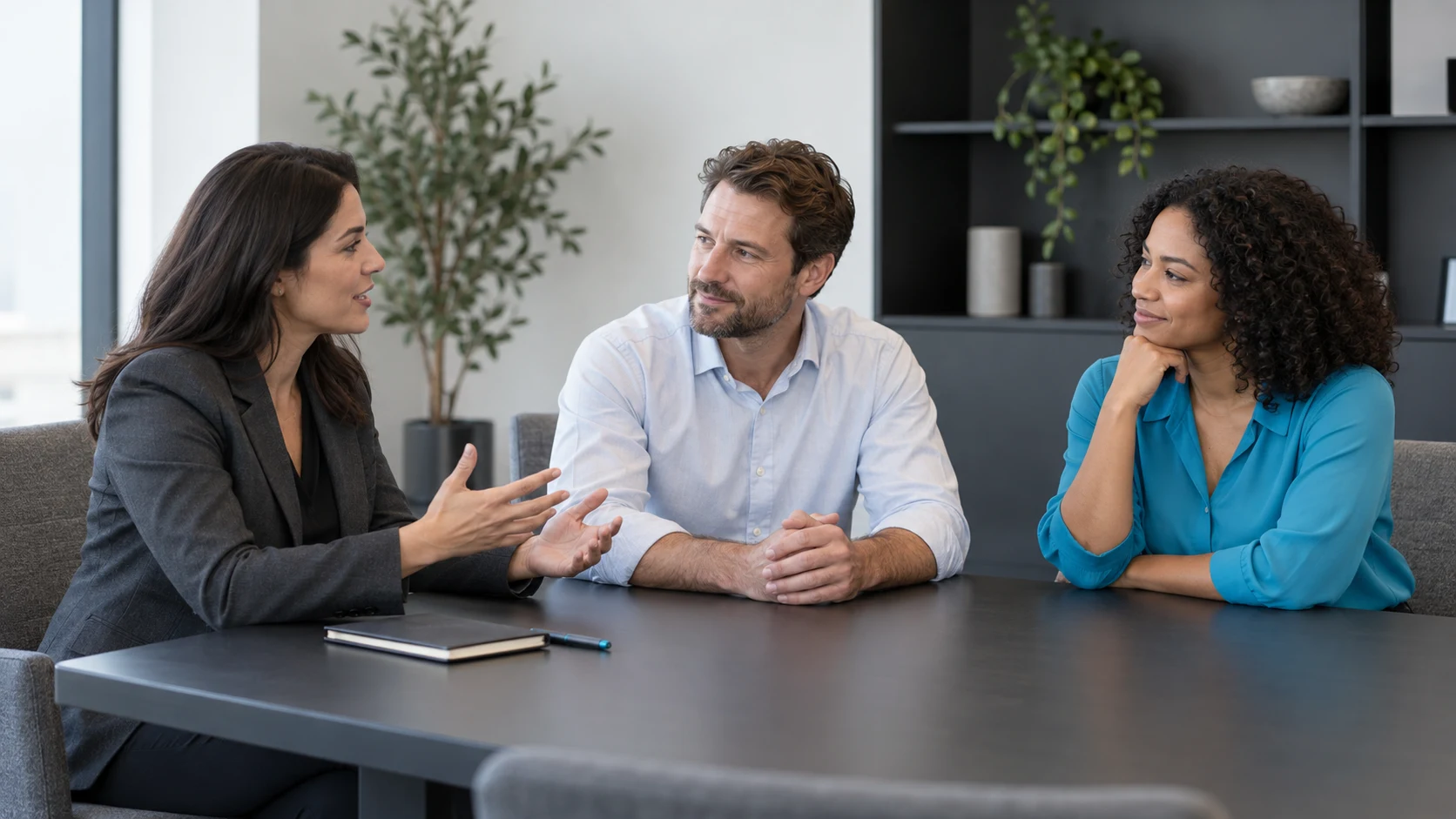 Three colleagues discussing responsibilities around a table with a closed notebook